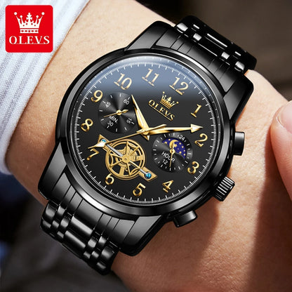 OLEVS Men's Watches Multifunctional Wristwatch for Men Waterproof Stainless Steel Luminous Flywheel Design Man Watch 2024 New