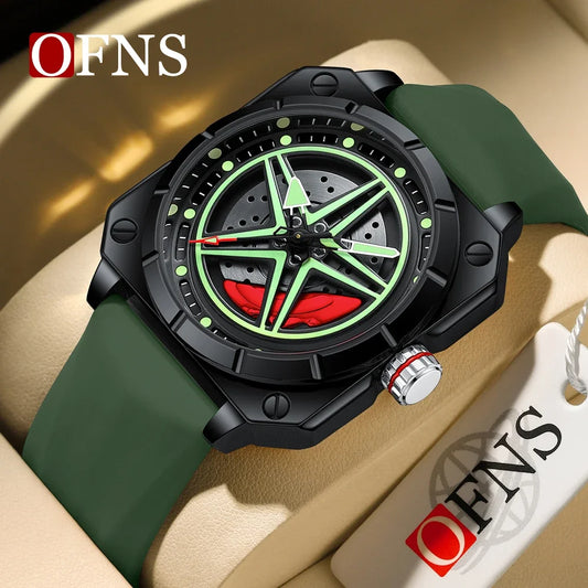 OFNS brand new top 8017 top men's quartz watch with a five point star dial rotating design, waterproof and luminous men's watch
