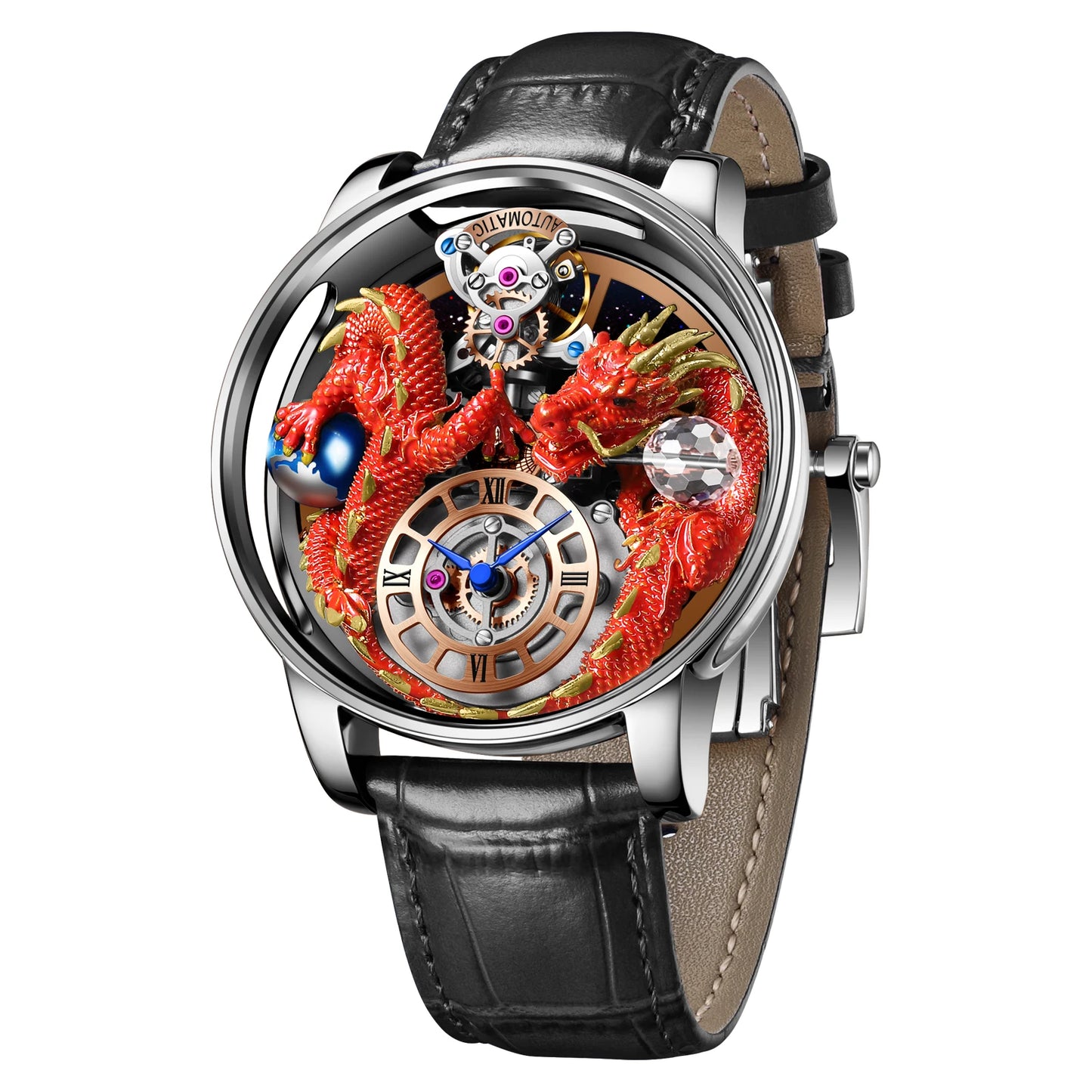 PINDU Men's Watch: Handmade Dragon Design with Curved Transparent Mirror