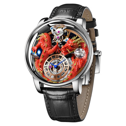 PINDU Men's Watch: Handmade Dragon Design with Curved Transparent Mirror
