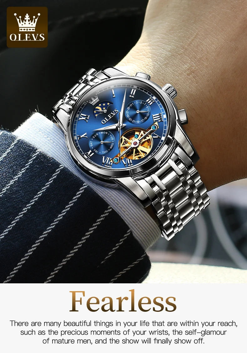 OLEVS Original Automatic Mechanical Watch for Men Luxury TOP Brand Waterproof Luminous Moon Phase Tourbillon Wristwatch Male