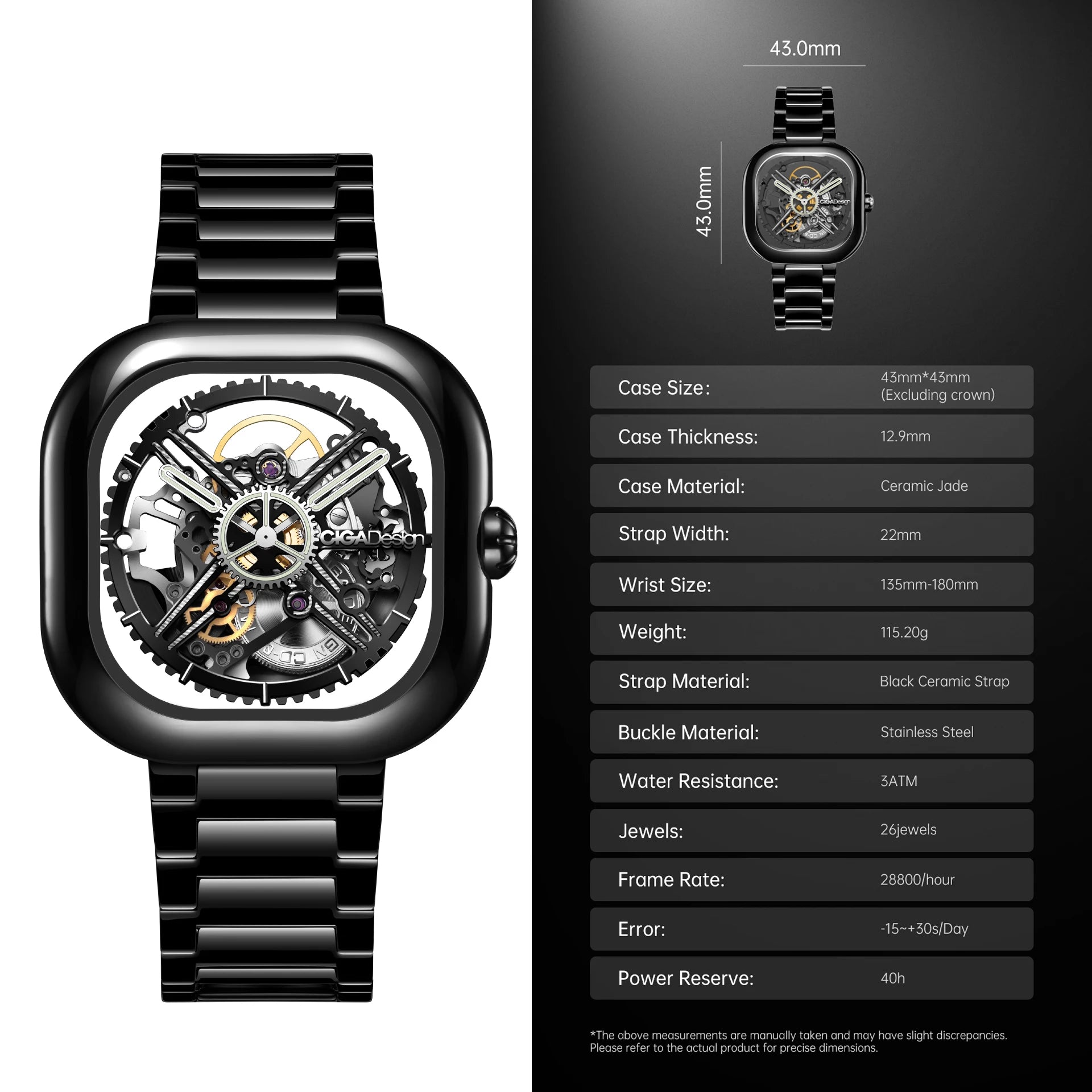 CIGA Design Y Series Watch: Eastern Jade Black Skeleton with Luminous Ceramic Case.