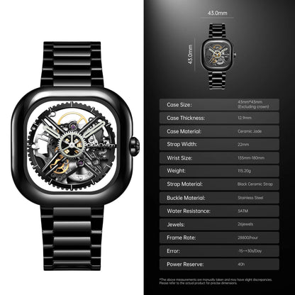 CIGA Design Y Series Watch: Eastern Jade Black Skeleton with Luminous Ceramic Case.