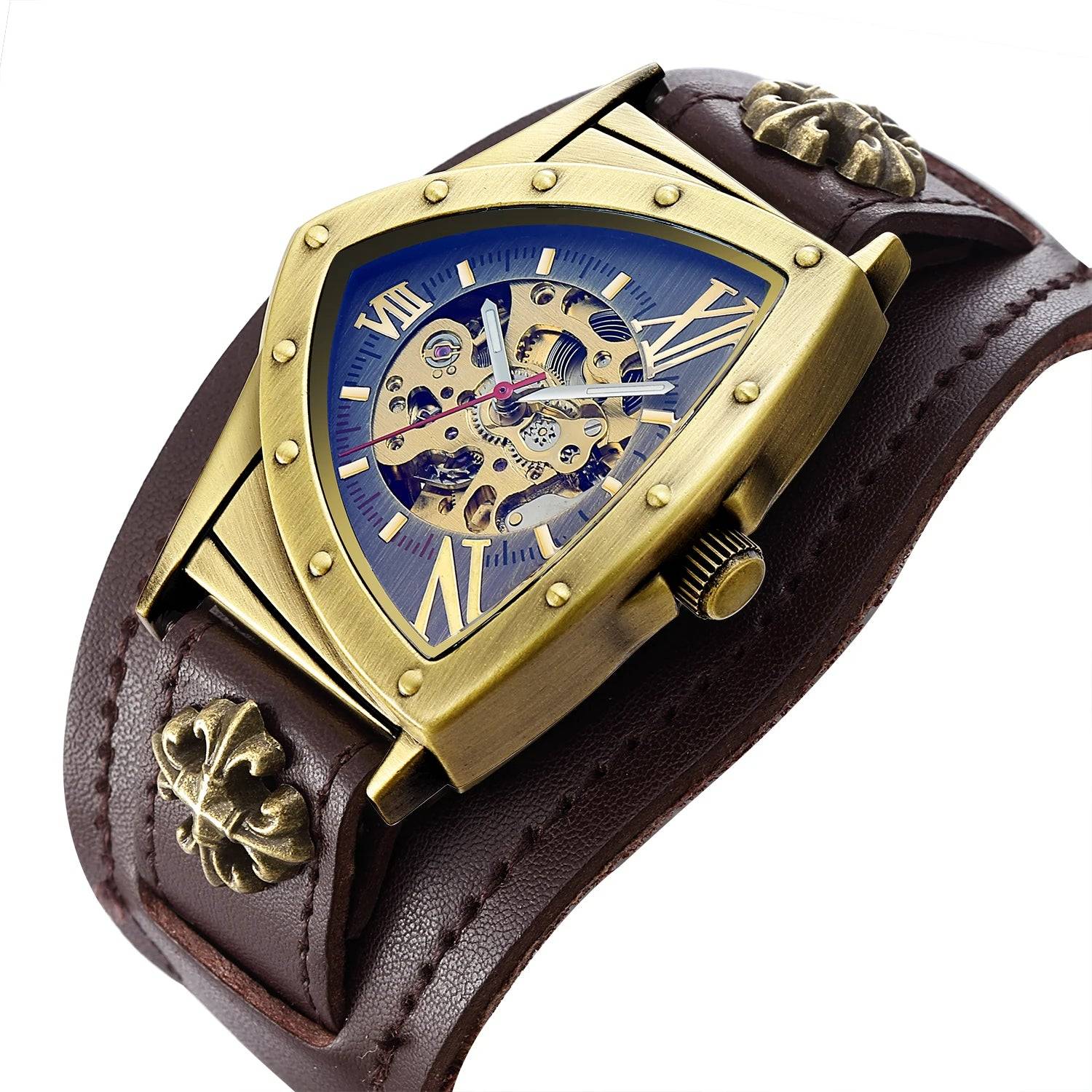SHENHUA Luxury Skeleton Dial Men's Automatic Mechanical Watch Antique Bronze Steampunk Triangle Wristwatches.