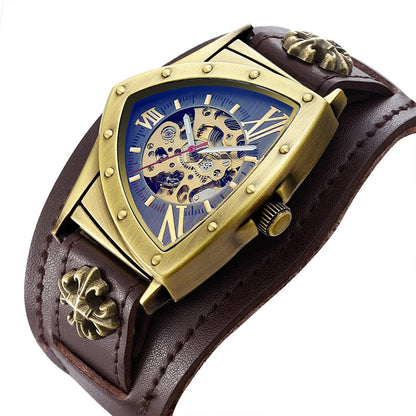 SHENHUA Luxury Skeleton Dial Men's Automatic Mechanical Watch Antique Bronze Steampunk Triangle Wristwatches.