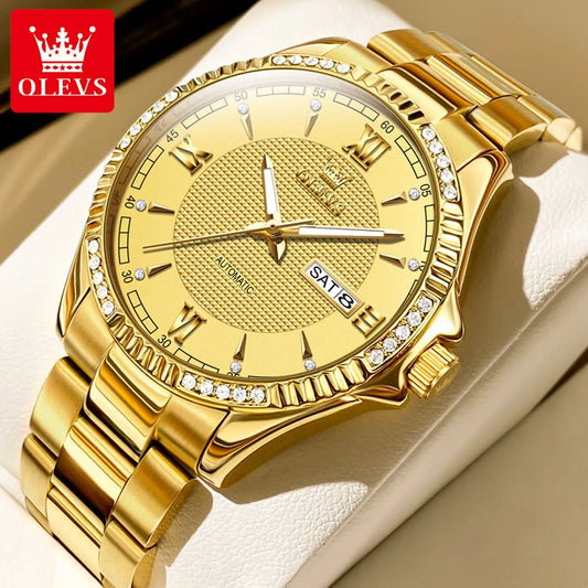 Montre-bracelet pour homme OLEVS Roman Diamond Gold Montre automatique en acier inoxydable étanche avec fenêtre de calendrier de luxe pour homme Original