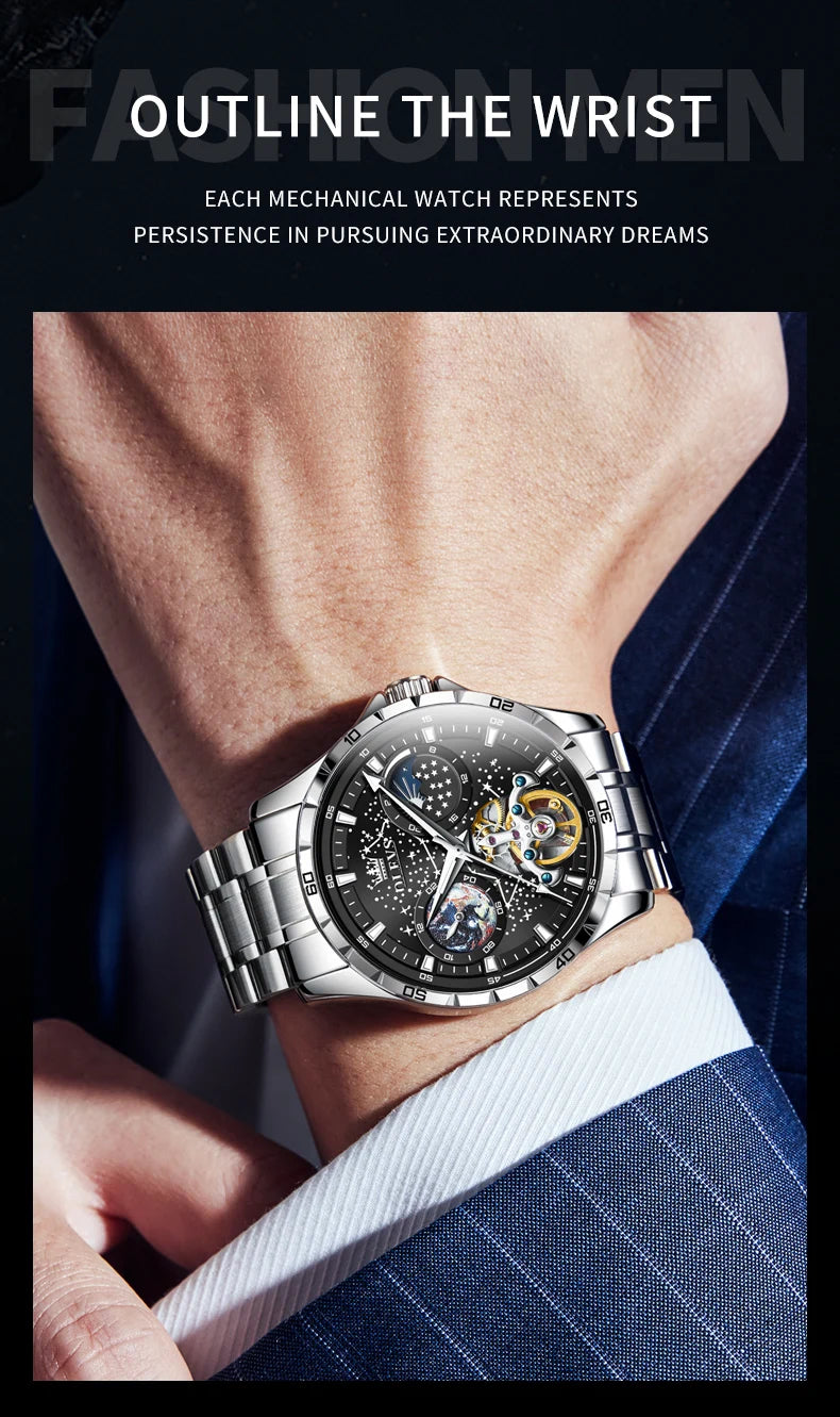 OLEVS New Men's Automatic Watch Skeleton Multifunctional Starry Sky Stainless Steel Leather Watchband Luxury Dress Wrist Watches