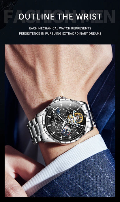 OLEVS New Men's Automatic Watch Skeleton Multifunctional Starry Sky Stainless Steel Leather Watchband Luxury Dress Wrist Watches