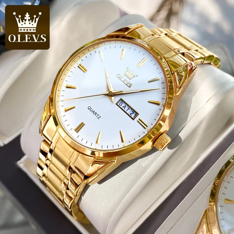 Montres-bracelets classiques en or OLEVS pour montre-bracelet à quartz pour hommes en cuir de luxe de marque supérieure, étanche et lumineuse en acier inoxydable