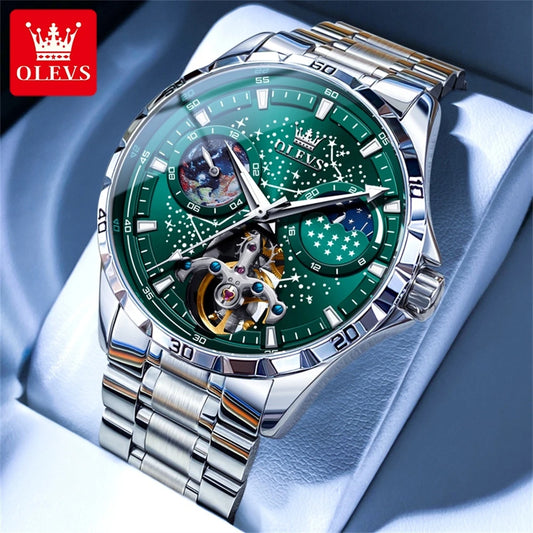 OLEVS Nouvelle Montre Automatique Homme Squelette Multifonctionnel Ciel Étoilé Acier Inoxydable Bracelet En Cuir Montres De Luxe Robe Montres-Bracelets