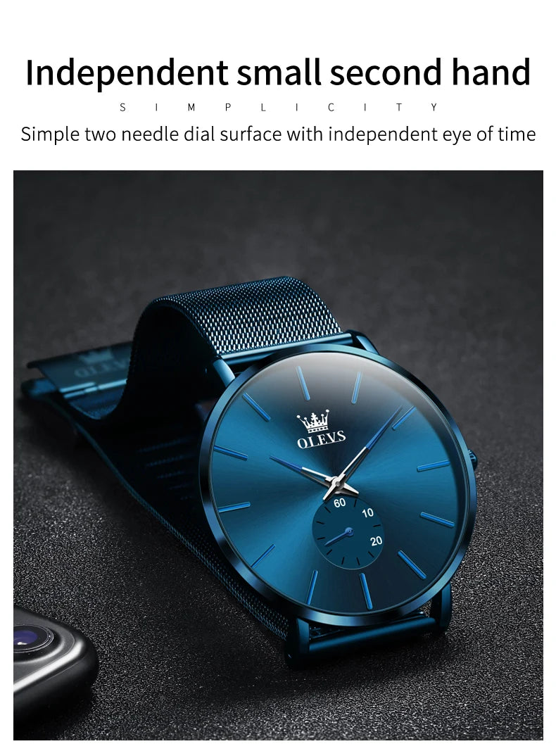 OLEVS Montres pour hommes avec cadran ultra fin de 7,5 mm Bracelet en maille d'acier inoxydable Montre à quartz décontractée de marque supérieure étanche et lumineuse pour hommes