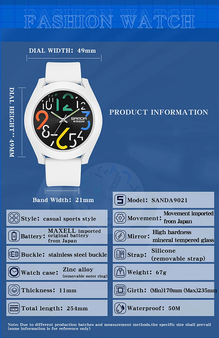 Sanda Men'S Watch Silicone Strap Waterproof Watch Creative Simple Girls 'Watch 2023 New Fashion White Casual Quartz Clock 9021
