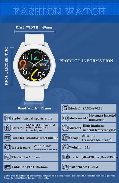 Sanda Men'S Watch Silicone Strap Waterproof Watch Creative Simple Girls 'Watch 2023 New Fashion White Casual Quartz Clock 9021