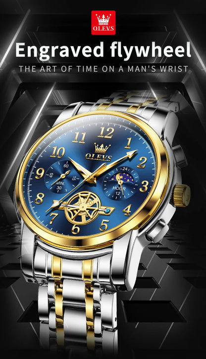 OLEVS Men's Watches Multifunctional Wristwatch for Men Waterproof Stainless Steel Luminous Flywheel Design Man Watch 2024 New