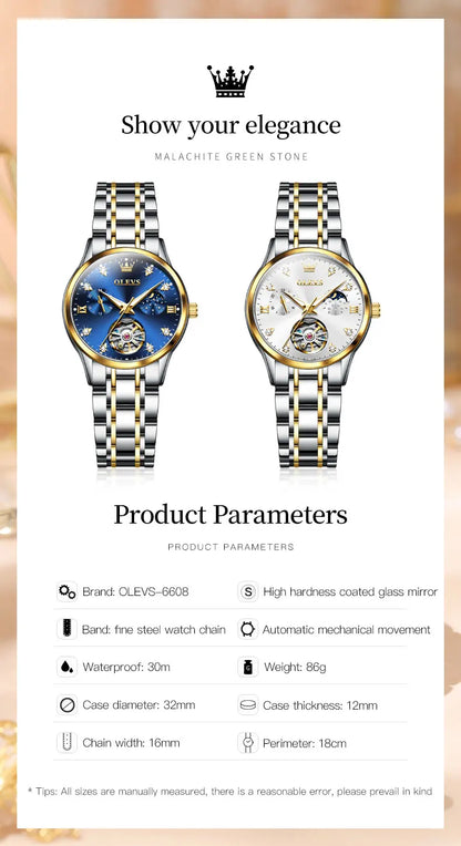 Montre automatique OLEVS pour femme, squelette lumineux étanche, originale, mécanique, élégante, pour femme