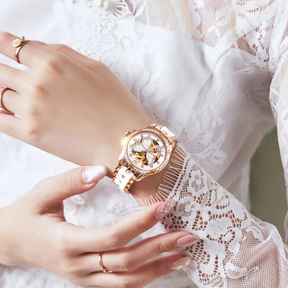 Montres automatiques OLEVS pour femmes de luxe en or rose squelette mécanique étanche lumineuse femmes bracelets montres ensemble élégant