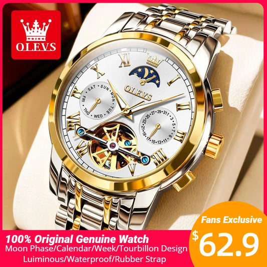 Montre mécanique automatique originale OLEVS pour hommes montre-bracelet de luxe de marque TOP étanche lumineuse à phase de lune Tourbillon pour hommes
