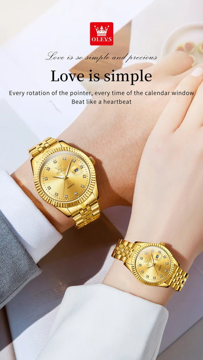 Ensemble de montres pour couple OLEVS Montre de luxe en or avec diamant Montre-bracelet à quartz lumineuse étanche Montre en acier inoxydable pour amoureux Cadeaux 5526