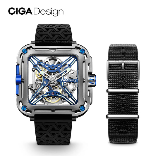 CIGA Design X Series Men's Watch: Titanium Skeleton with Luminous Design & Two Straps.