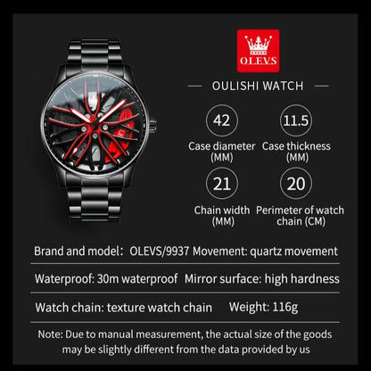 Montre à quartz OLEVS pour homme, bracelet en acier inoxydable rotatif à 360 °, jante de voiture de sport, moyeu de roue, squelette, montre-bracelet étanche