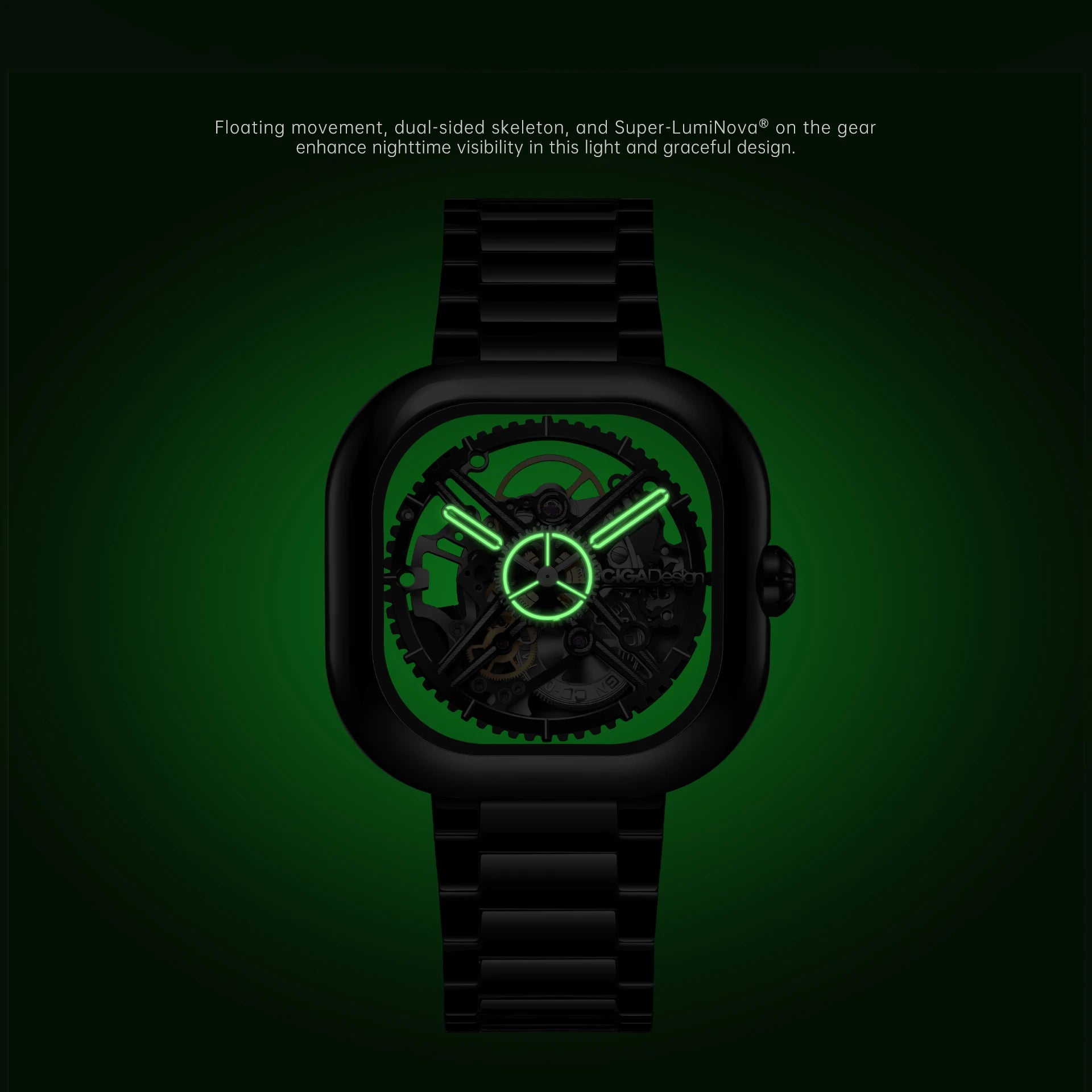 CIGA Design Y Series Watch: Eastern Jade Black Skeleton with Luminous Ceramic Case.