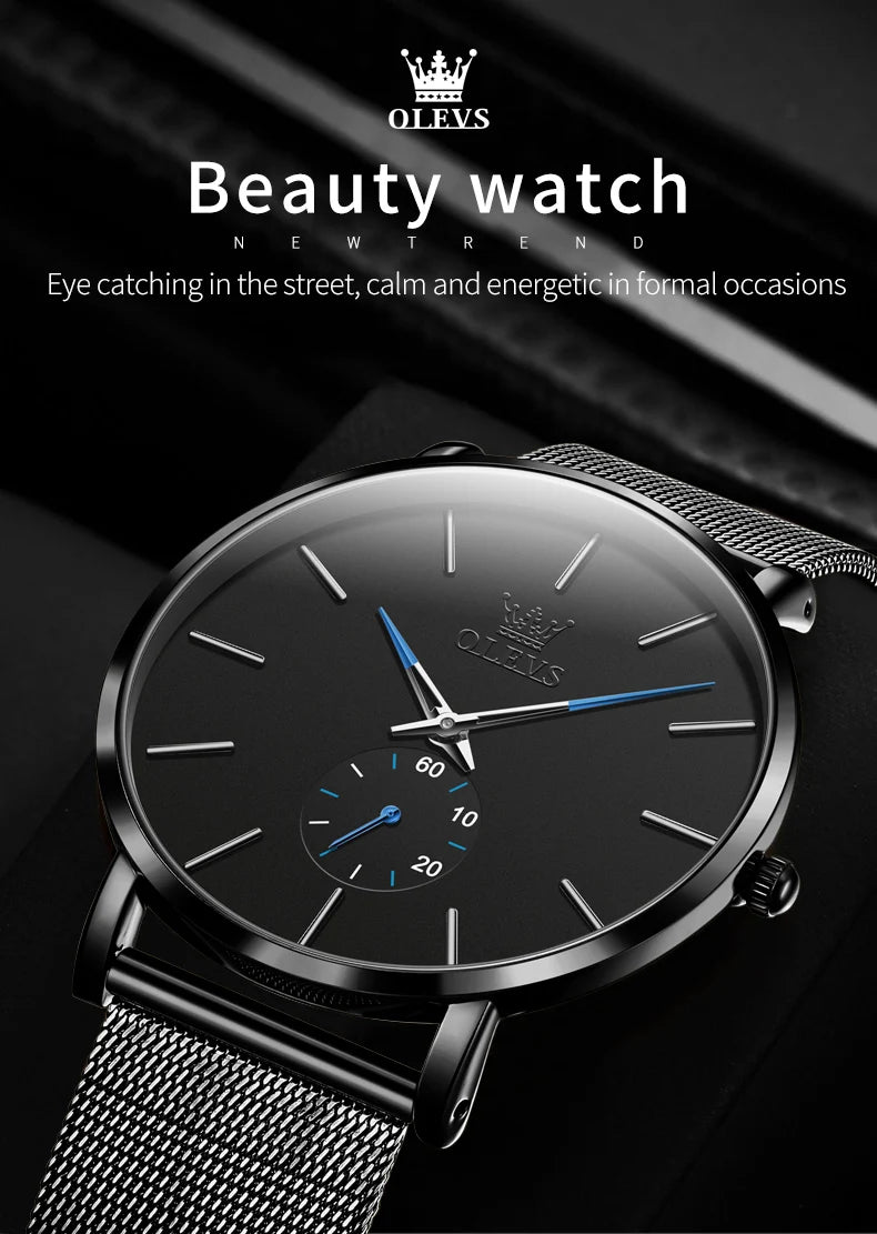 OLEVS Montres pour hommes avec cadran ultra fin de 7,5 mm Bracelet en maille d'acier inoxydable Montre à quartz décontractée de marque supérieure étanche et lumineuse pour hommes