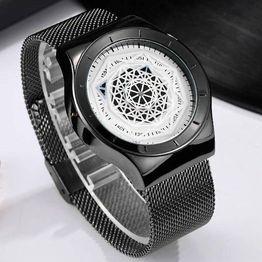 Watches Men Fasion Turntable No Pointer Quartz Watch Clock Mesh Band Male Wristwatch Relogio Masculino Gift For Men.