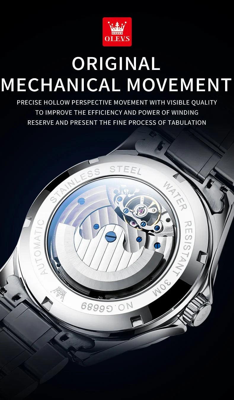 OLEVS New Men's Automatic Watch Skeleton Multifunctional Starry Sky Stainless Steel Leather Watchband Luxury Dress Wrist Watches