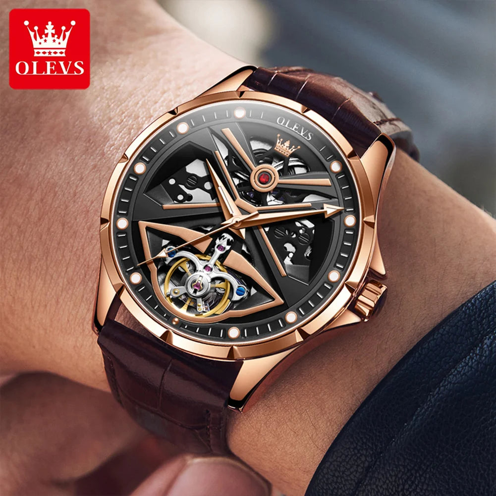 Montre automatique OLEVS pour homme squelette original lumineux étanche bracelet en cuir acier inoxydable montre mécanique pour homme or rose