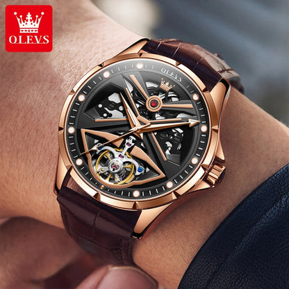 Montre automatique OLEVS pour homme squelette original lumineux étanche bracelet en cuir acier inoxydable montre mécanique pour homme or rose