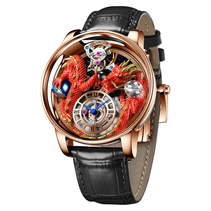 PINDU Men's Watch: Handmade Dragon Design with Curved Transparent Mirror