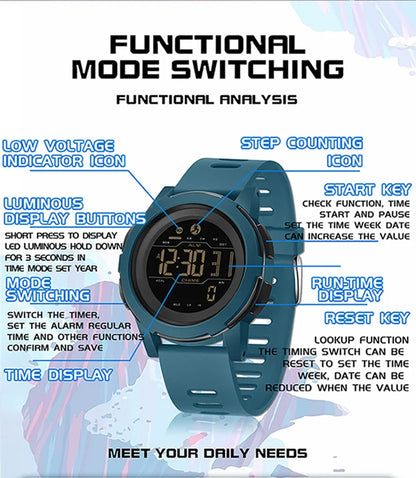 SANDA Brand Men Watches Sports Passometer Calories 50M Waterproof LED Digital Watch Military Wristwatch Electron Men's Watch2189