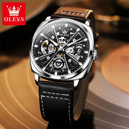 Montre automatique OLEVS 6685 pour homme, squelette doré, acier inoxydable, bracelet en cuir, étanche, sport, montres-bracelets mécaniques pour hommes