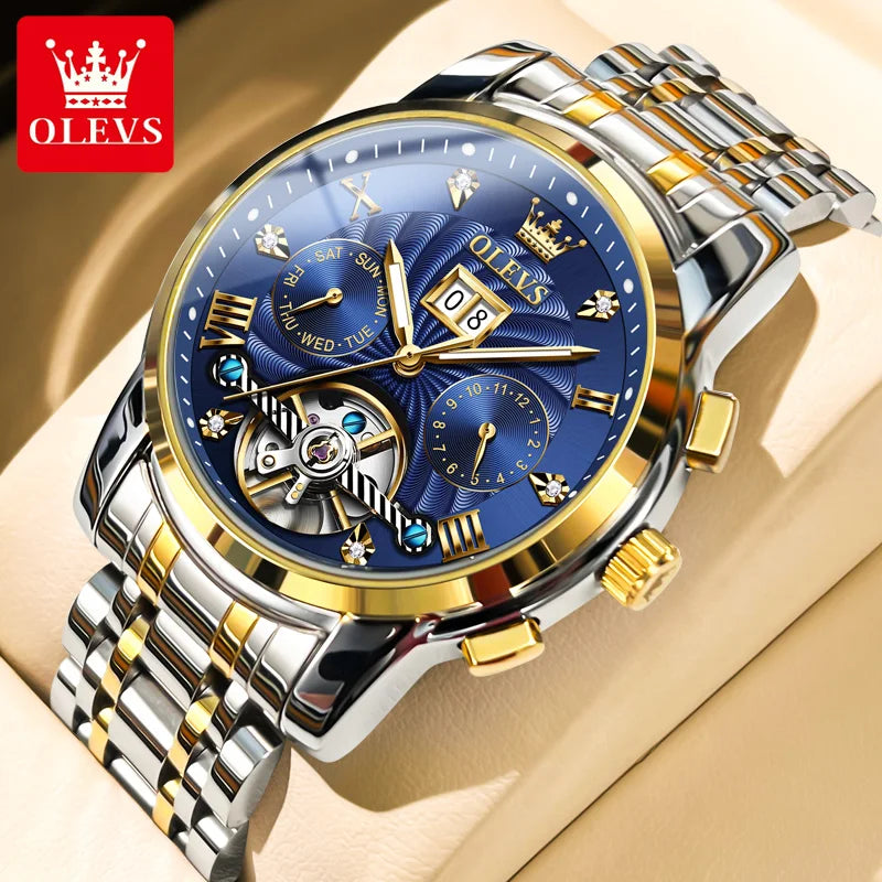 Montre mécanique automatique originale OLEVS 9910 pour hommes Tourbillon Skeleton Design Montre-bracelet pour hommes en acier inoxydable Phase de lune
