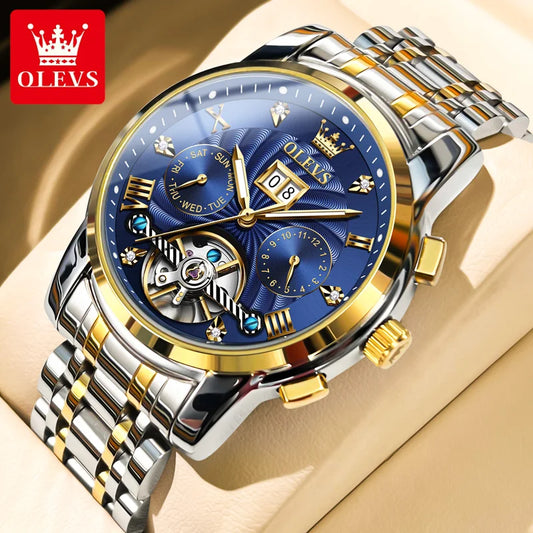 ساعة OLEVS 9910 الأصلية الأوتوماتيكية الميكانيكية للرجال بتصميم هيكل توربيون من الفولاذ المقاوم للصدأ مع طور القمر للرجال