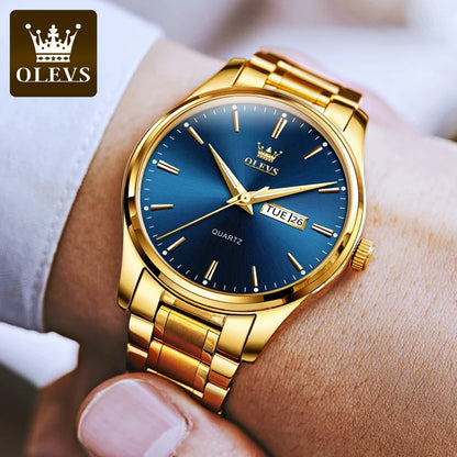 Montres-bracelets classiques en or OLEVS pour montre-bracelet à quartz pour hommes en cuir de luxe de marque supérieure, étanche et lumineuse en acier inoxydable