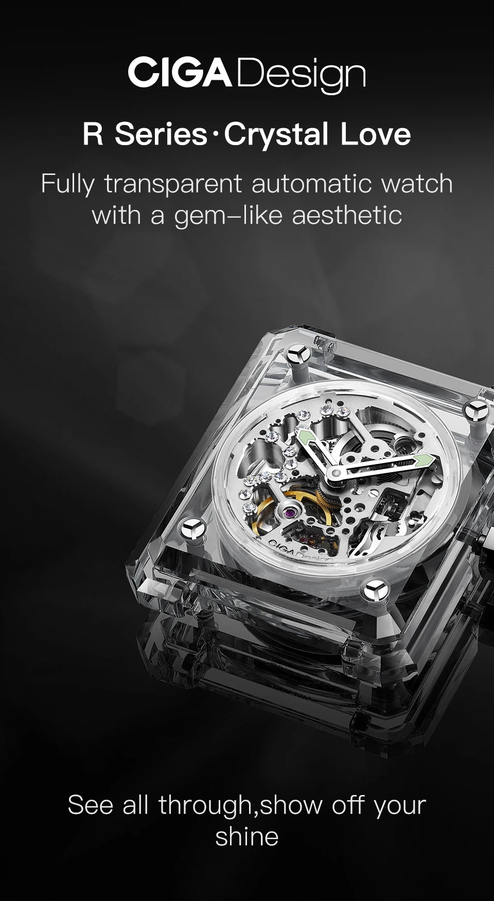 CIGA Design R Series Women's Watch: Crystal Love Skeleton with 3 Straps.