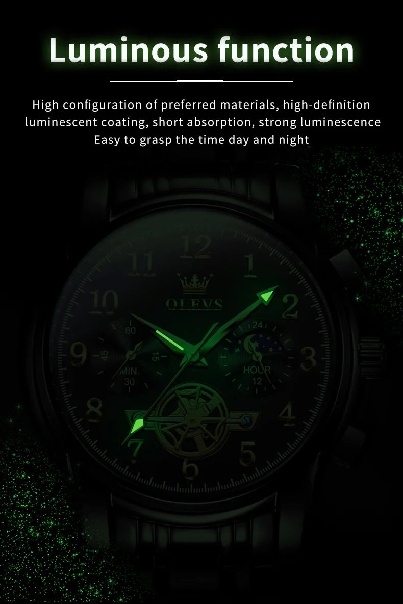 OLEVS Men's Watches Multifunctional Wristwatch for Men Waterproof Stainless Steel Luminous Flywheel Design Man Watch 2024 New