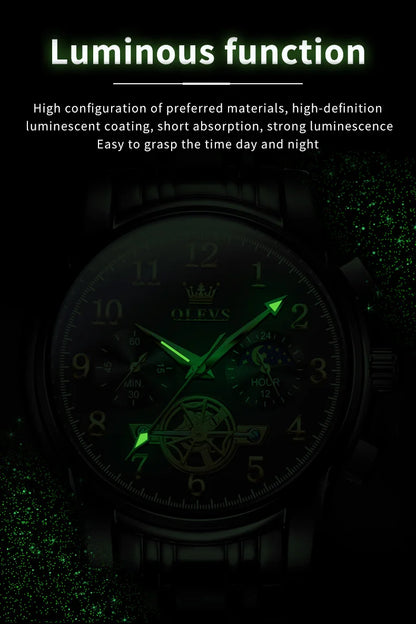 OLEVS Men's Watches Multifunctional Wristwatch for Men Waterproof Stainless Steel Luminous Flywheel Design Man Watch 2024 New