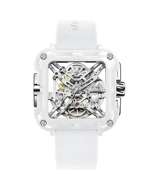 CIGA Design X Series Couple Watch: White Ceramic Skeleton with Luminous Design.