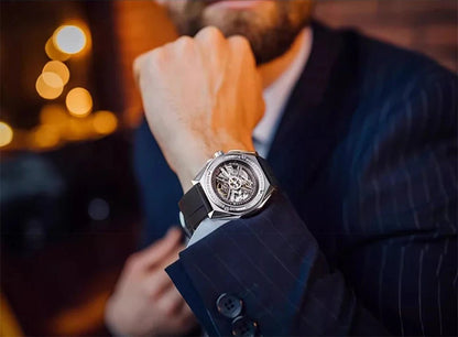 CIGA Design Magician Series Men's Watch: 3-in-1 Skeleton with Steel Case & Fluororubber Strap.