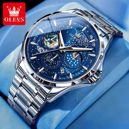 Montres pour hommes OLEVS 5538 avec bracelet en acier inoxydable, montre à quartz lumineuse, étanche, à la mode, avec phases de lune et ciel étoilé