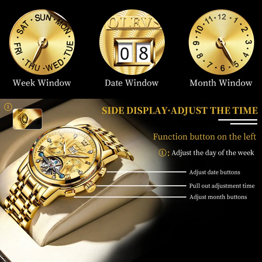 Montre mécanique automatique originale OLEVS 9910 pour hommes Tourbillon Skeleton Design Montre-bracelet pour hommes en acier inoxydable Phase de lune