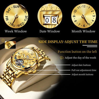Montre mécanique automatique originale OLEVS 9910 pour hommes Tourbillon Skeleton Design Montre-bracelet pour hommes en acier inoxydable Phase de lune