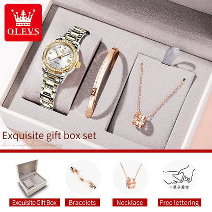 ساعة OLEVS أوتوماتيكية للنساء من الفولاذ المقاوم للصدأ الفاخر باللون الذهبي الماسي مجموعة هدايا أنيقة أصلية من الساعات الأوتوماتيكية النسائية
