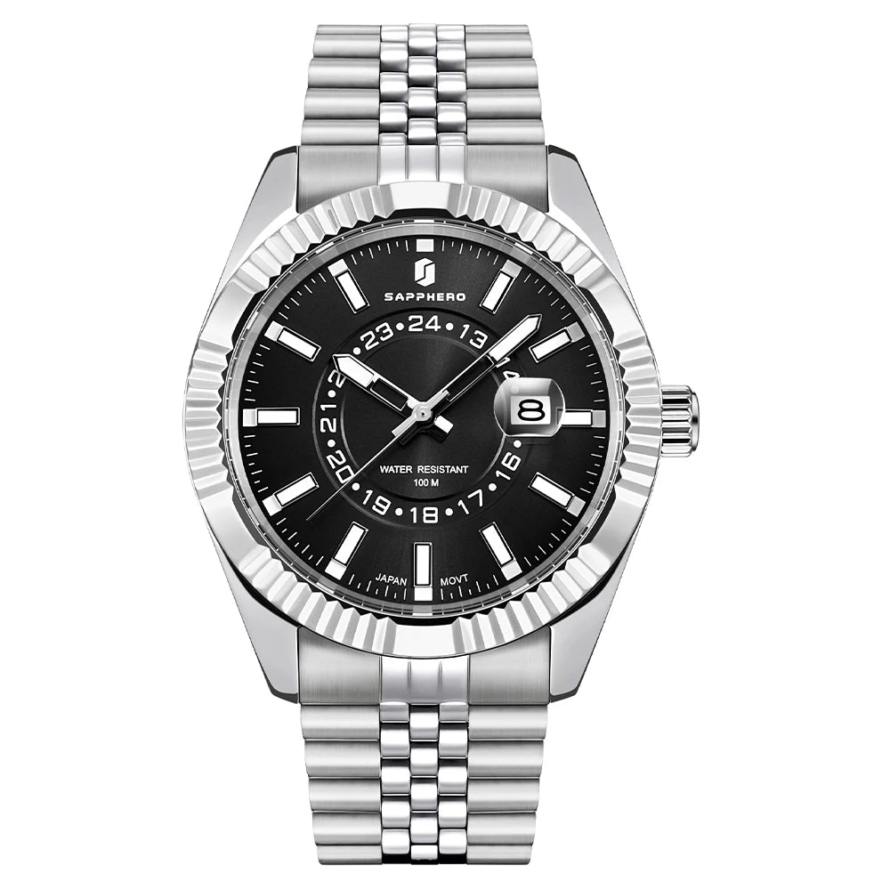 SAPPHERO Mens Watches luxury Business Stainless steel Wristwatch 100m Waterproof Bleu Quartz luminous Clock Gift for Men