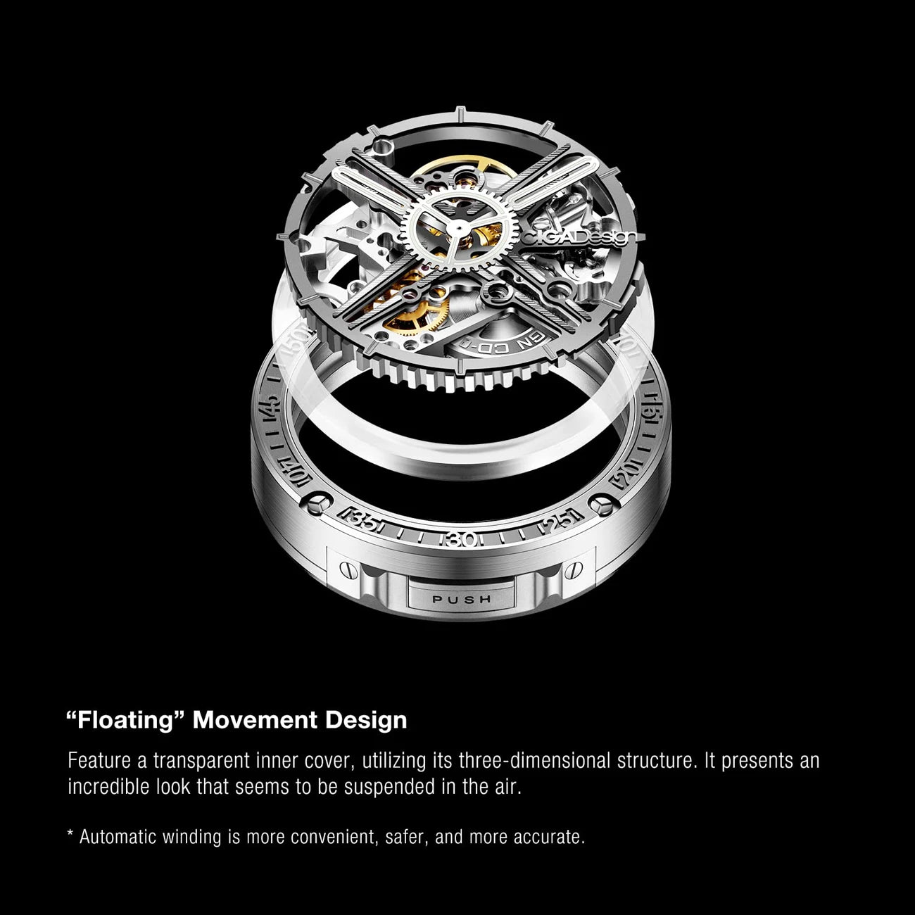 CIGA Design Men's Watch: 3-in-1 Titanium Skeleton with Fluororubber Strap.