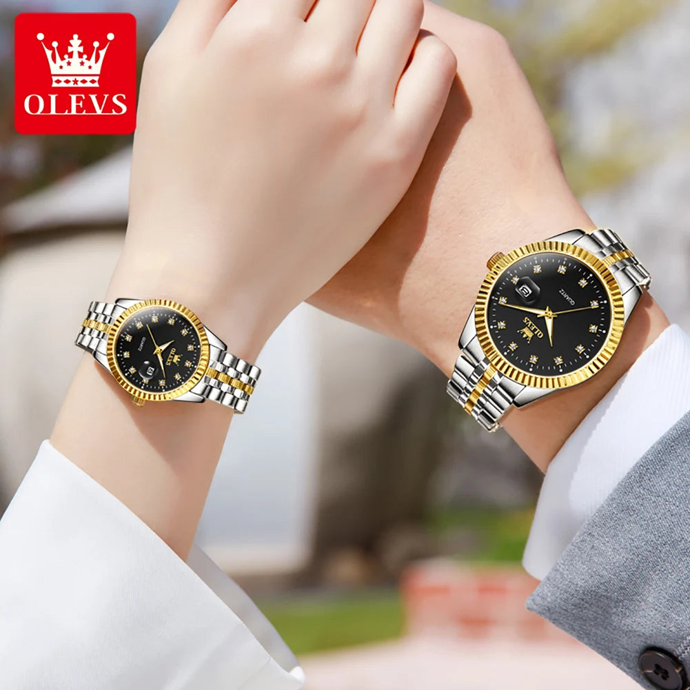 Ensemble de montres pour couple OLEVS Montre de luxe en or avec diamant Montre-bracelet à quartz lumineuse étanche Montre en acier inoxydable pour amoureux Cadeaux 5526