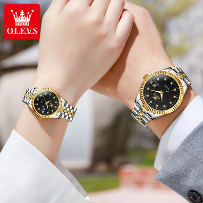 Ensemble de montres pour couple OLEVS Montre de luxe en or avec diamant Montre-bracelet à quartz lumineuse étanche Montre en acier inoxydable pour amoureux Cadeaux 5526