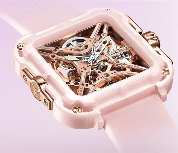 CIGA Design X Series Women's Watch: Pink Ceramic Skeleton with Soft Silicone Strap.